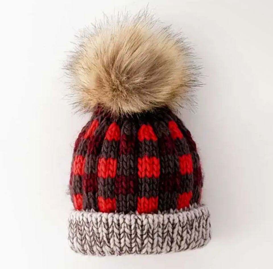 Red Buffalo Plaid Knit Pom Pom Hat