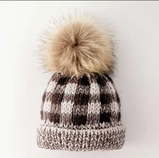 Neutral Plaid Knit Pom Pom Hat