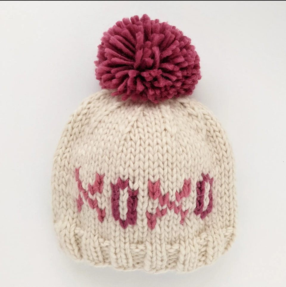 Cream & Pink XOXO Knit Pom Pom Hat