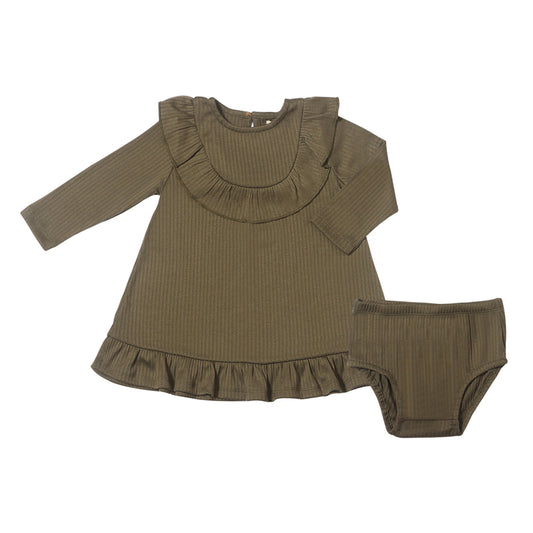 Ettie + H Olive Ribbed Ruffle Dress & Bloomer Set